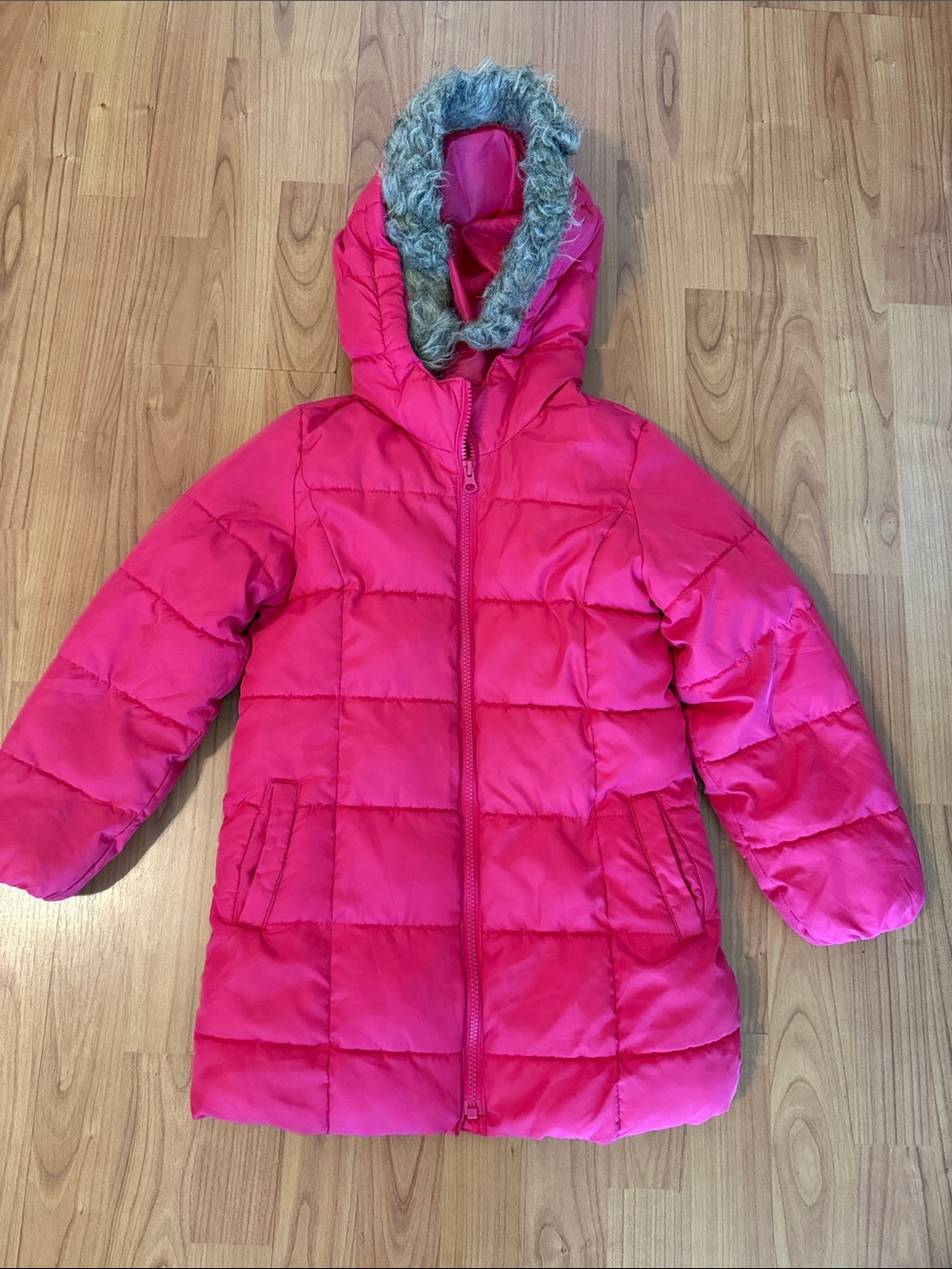 GAP Bright Pink Quilted Hooded Puffer with Faux Fur Trim
